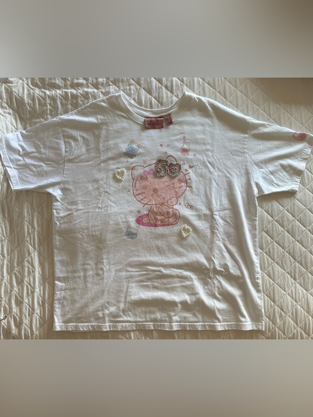 Hello Kitty 50th Anniversary T-Shirt with Rhinestones and Pearl Hearts